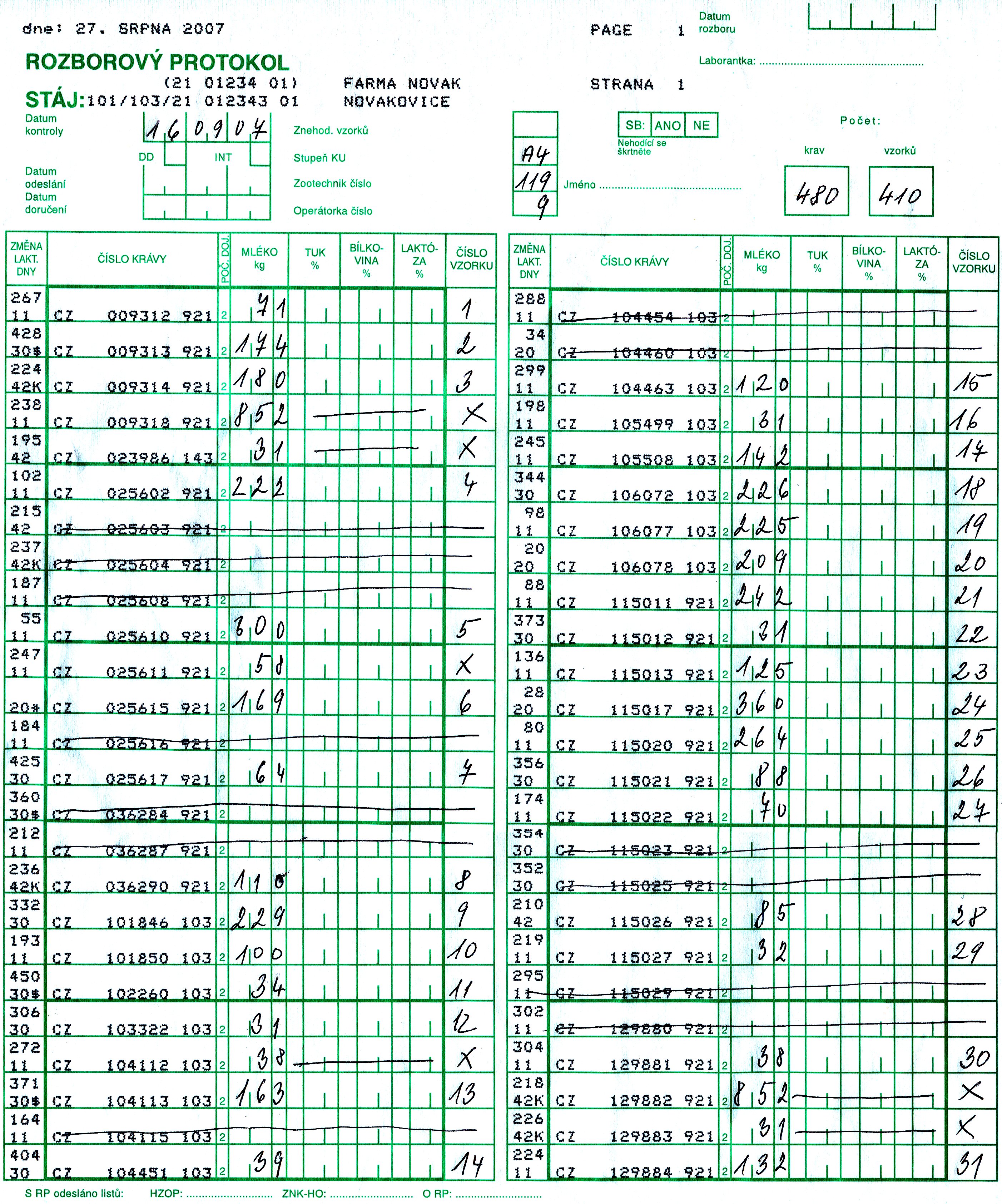 Předtištěný rozborový protokol (zelený formulář)